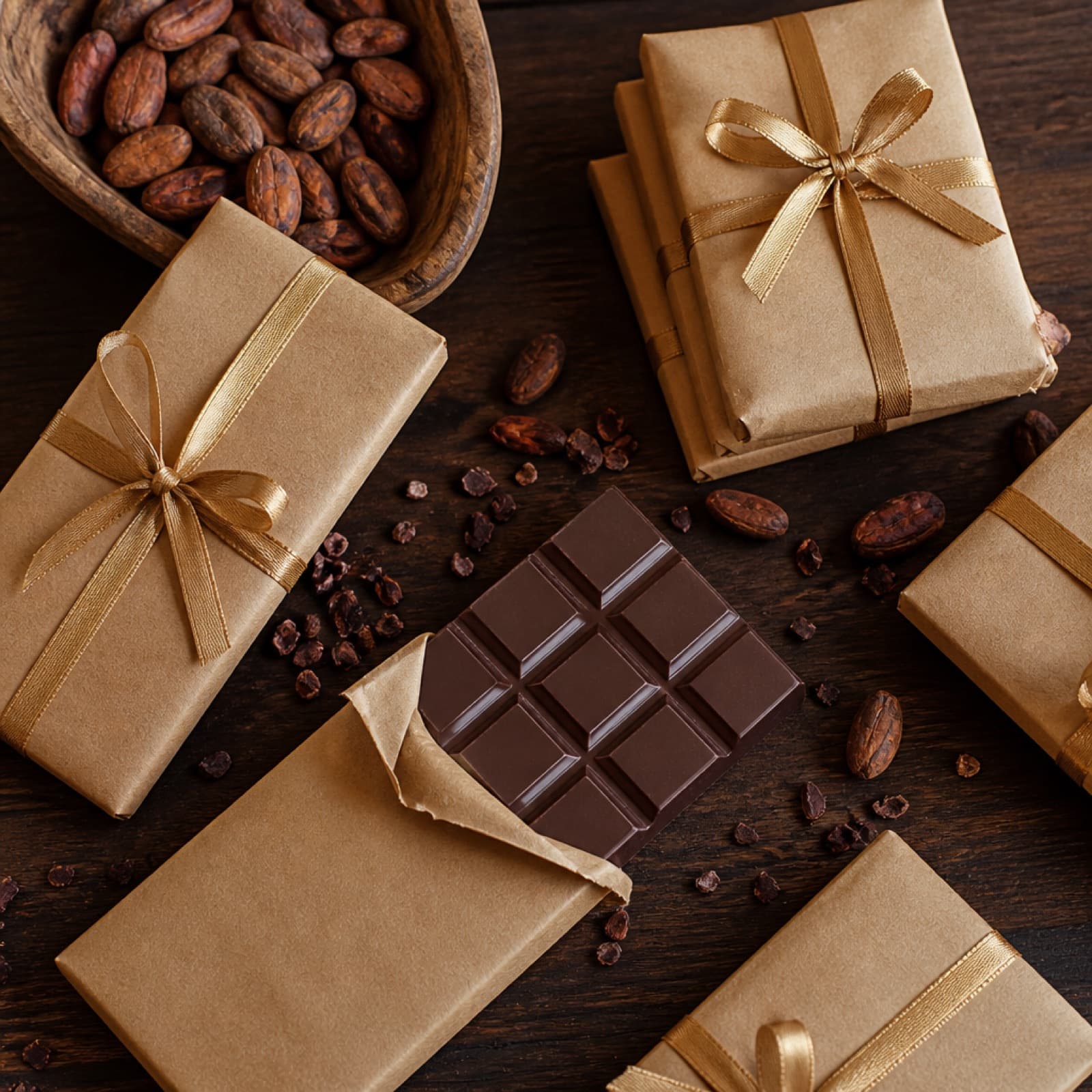 Snacks do Lab embalados em papel kraft com fita dourada