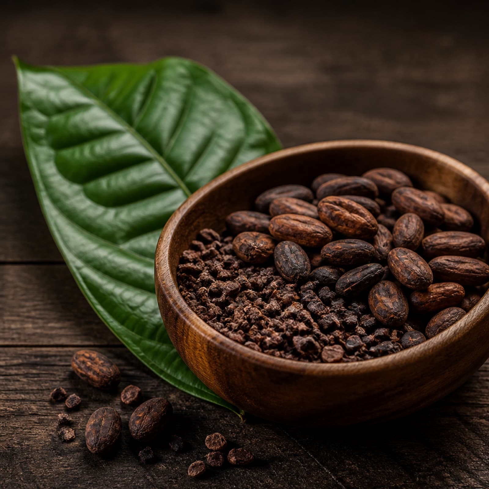 Amêndoas e nibs de cacau em tigela de madeira