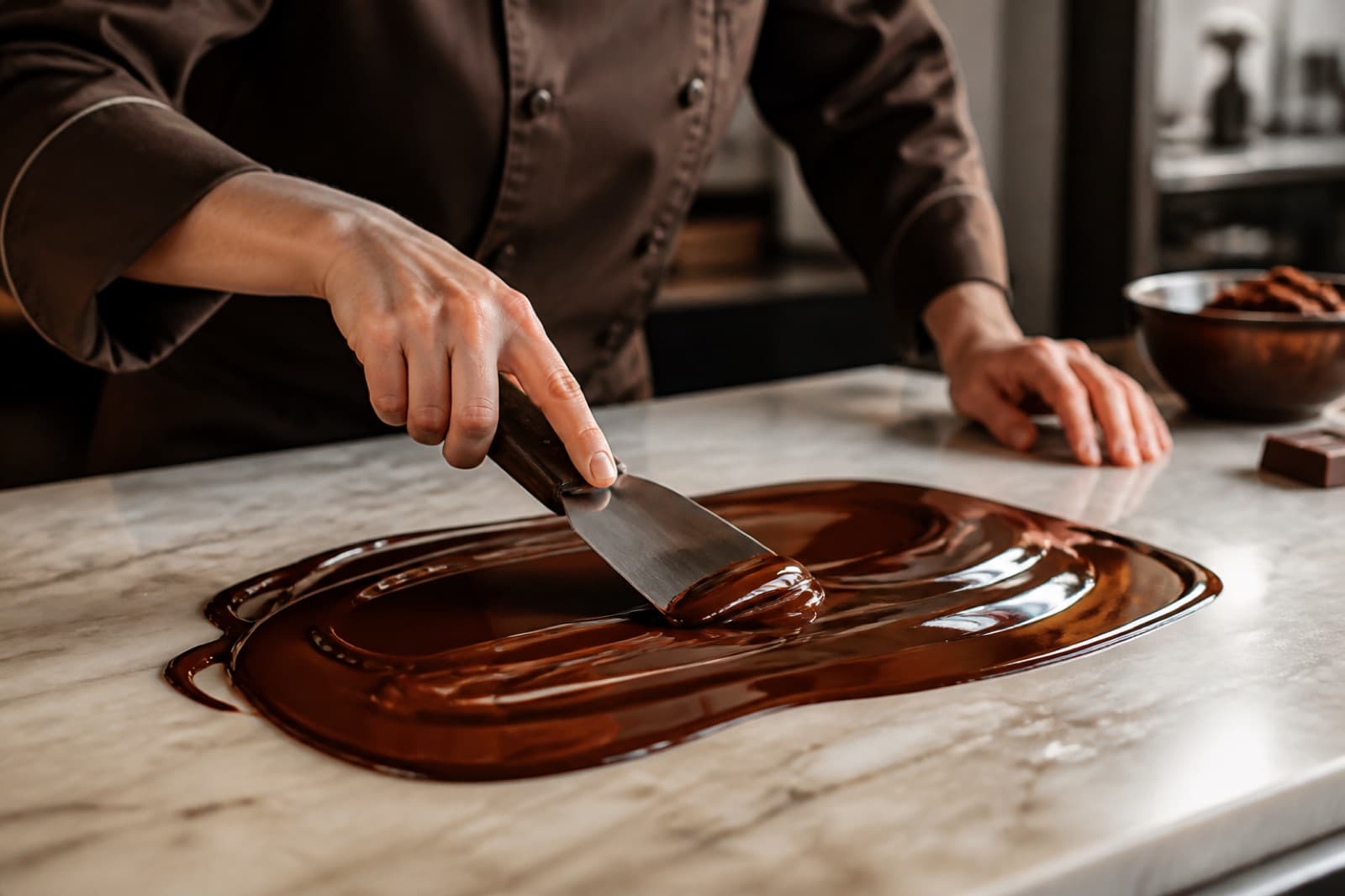 Chocolate sendo temperado na bancada de mármore